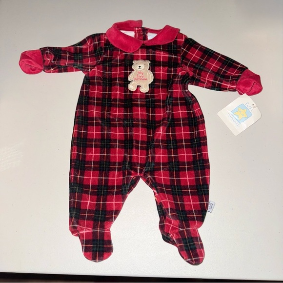 first moments Other - NWT First Moments My First Christmas Baby Velour Footie Sleeper Plaid Red 0-3
